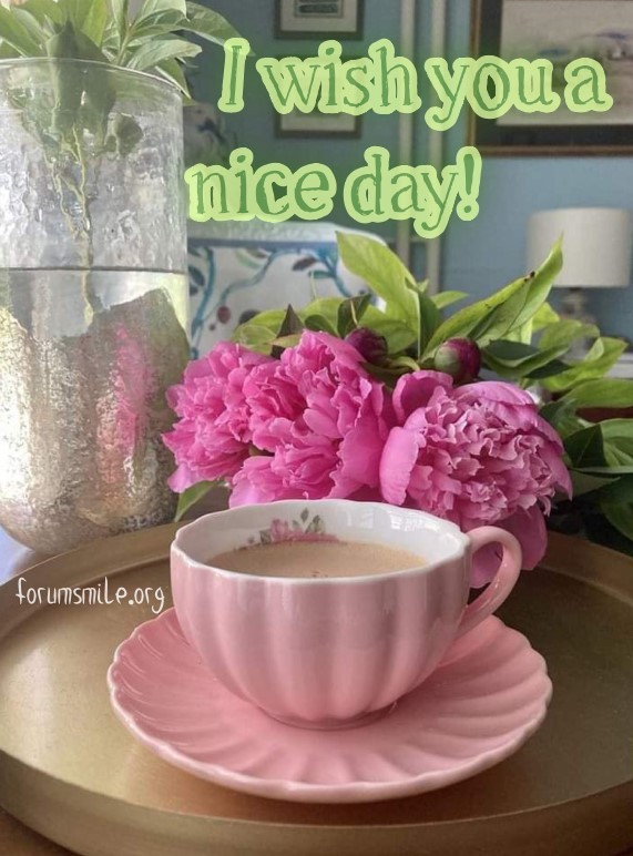 I wish you a good day with a cup of delicious coffee and a bouquet of peonies