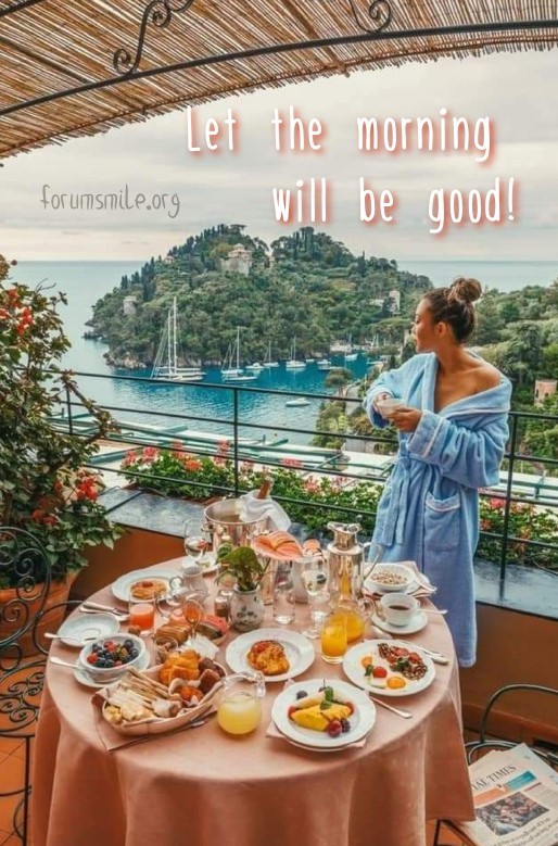 Good morning picture with beautiful seascape, breakfast and girl